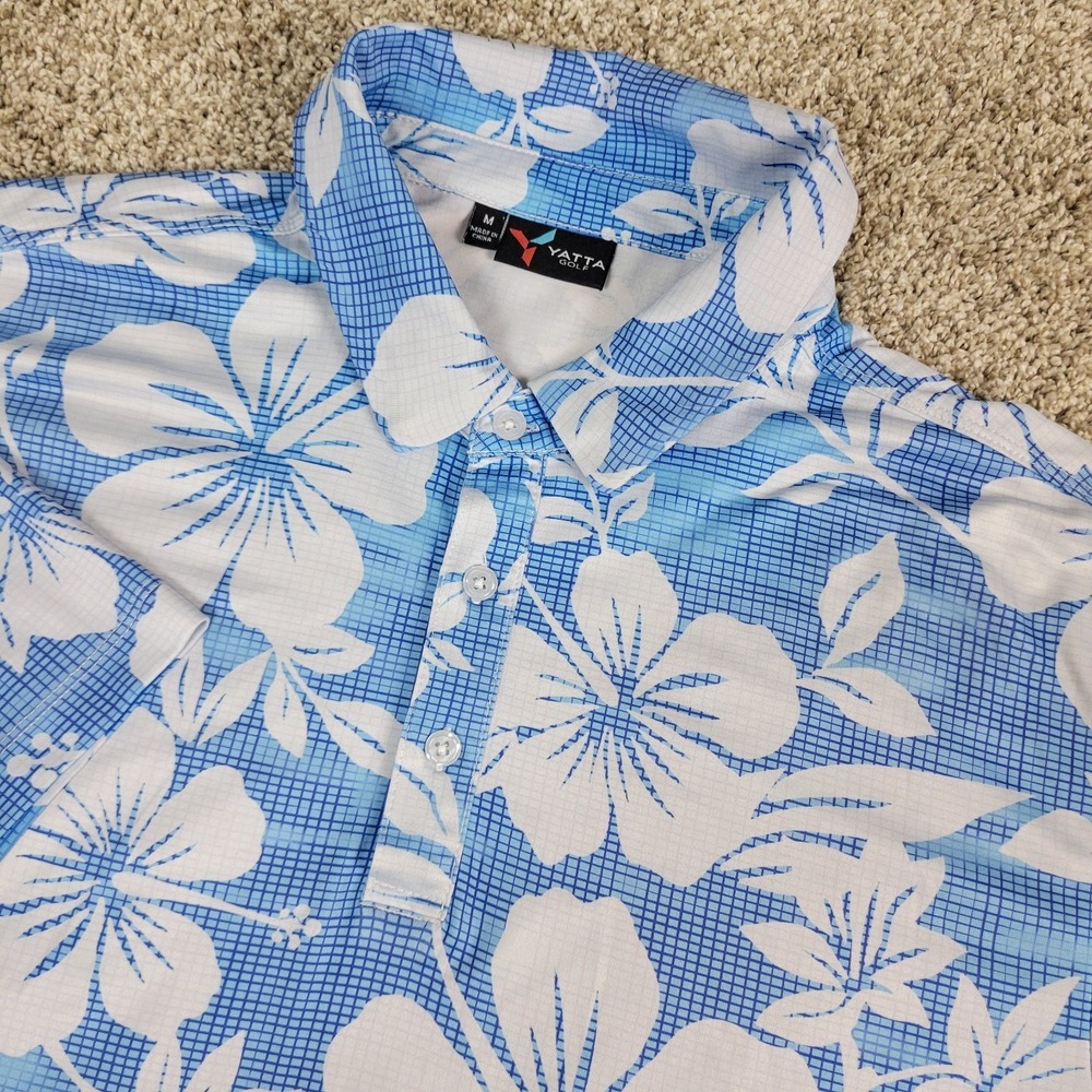 Yatta‎ Golf Mens Medium Blue White AOP Floral Performance Stretch Polo SS